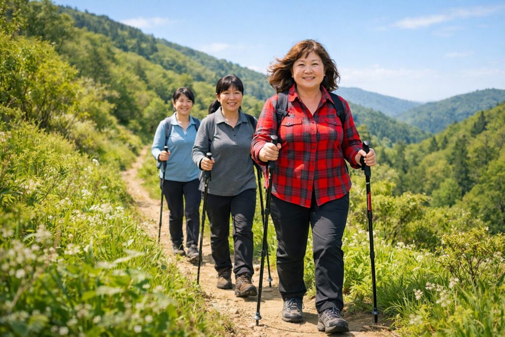 仲良し3人女性でトレッキングしている