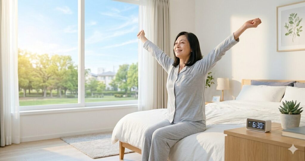 ぐっすり寝て爽やかに起きる女性