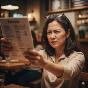 老眼で文字が見にくい女性の画像