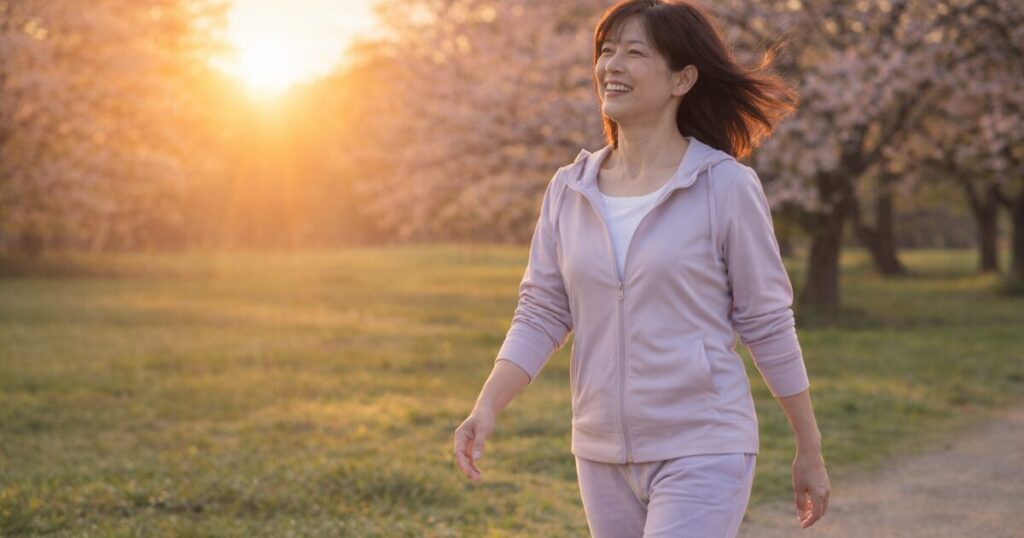 夕方に公園を散歩する女性
