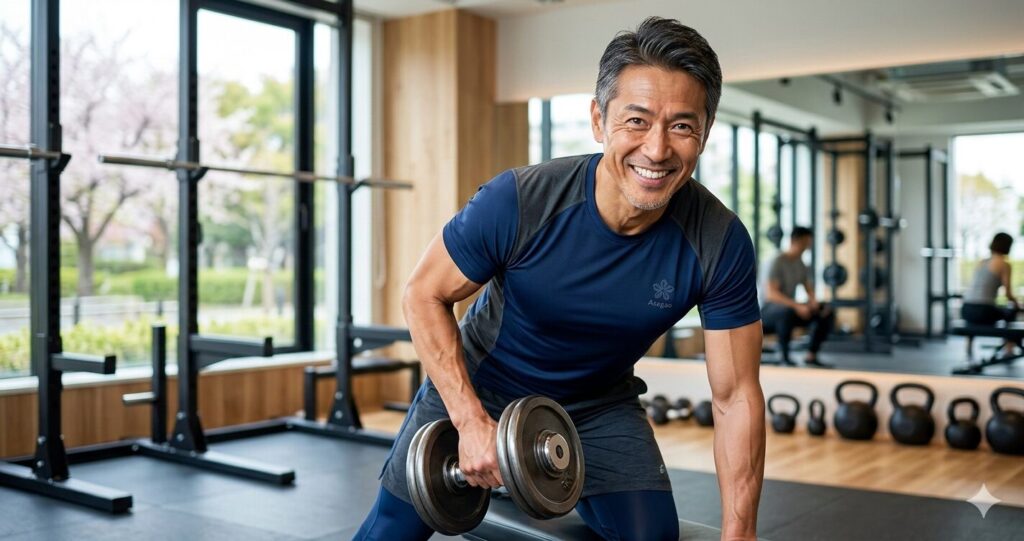 50代男性が笑顔でダンベルを持つ姿の画像
