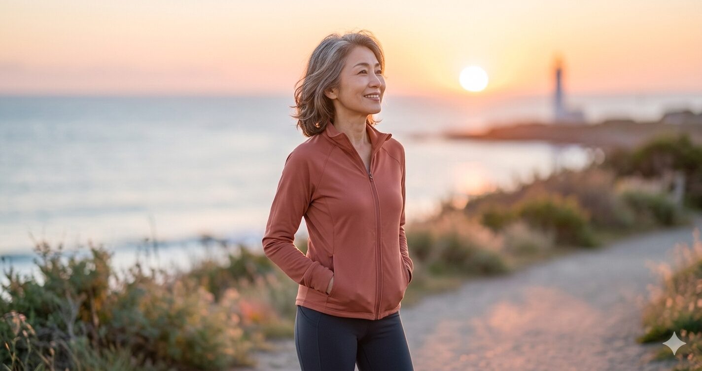 50代女性が朝日を背に凛とした立ち姿の画像