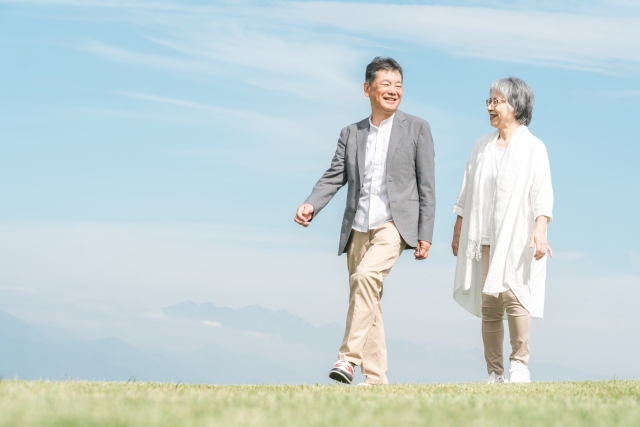 公園をシニア夫婦一緒に散歩する