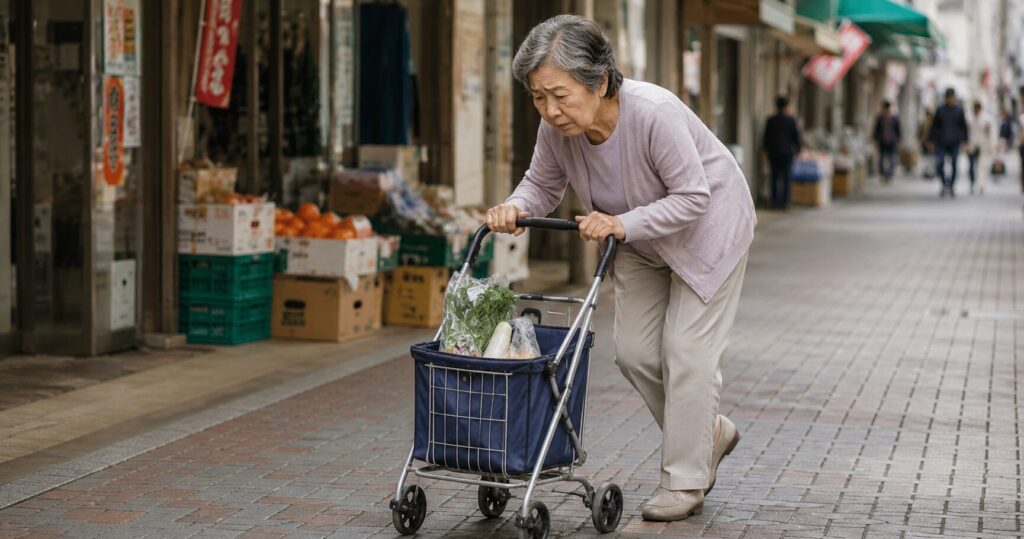 腰が曲がった高齢者が買い物をする姿の画像