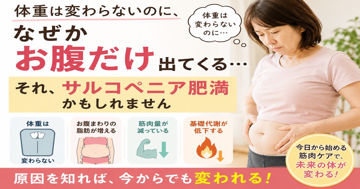 体重は変わらないのにお腹だけ出てくる40代女性のサルコペニア肥満を説明する図解