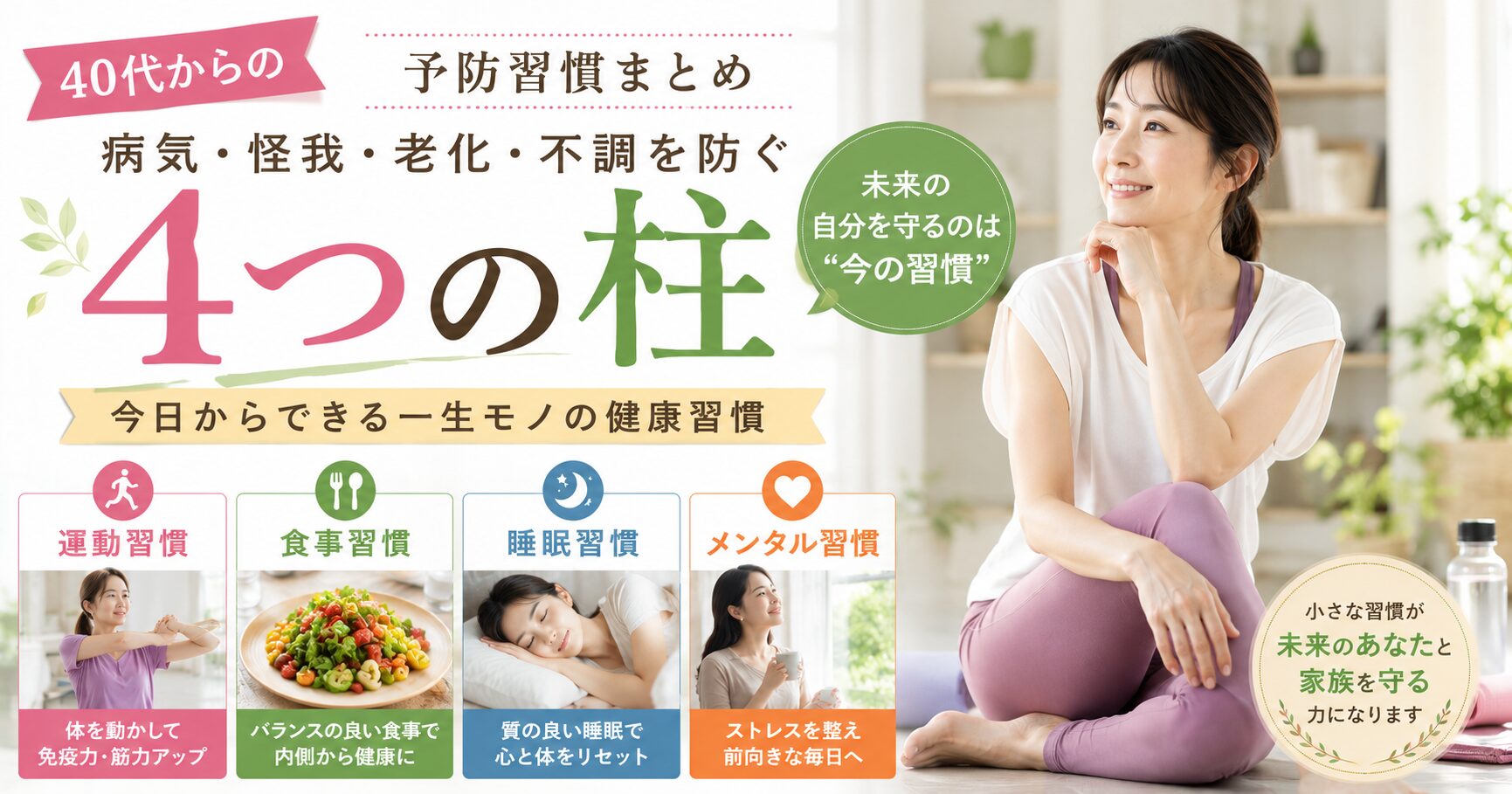 ４本の柱をテーマにした内容。ストレッチする40代の女性が中心。