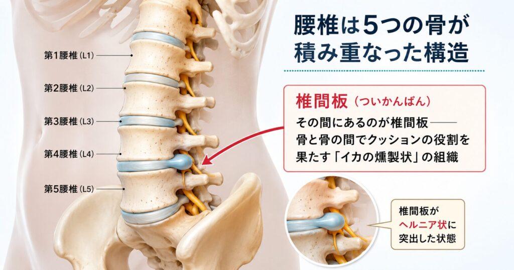 ヘルニアになった状態の腰椎の解剖図画像