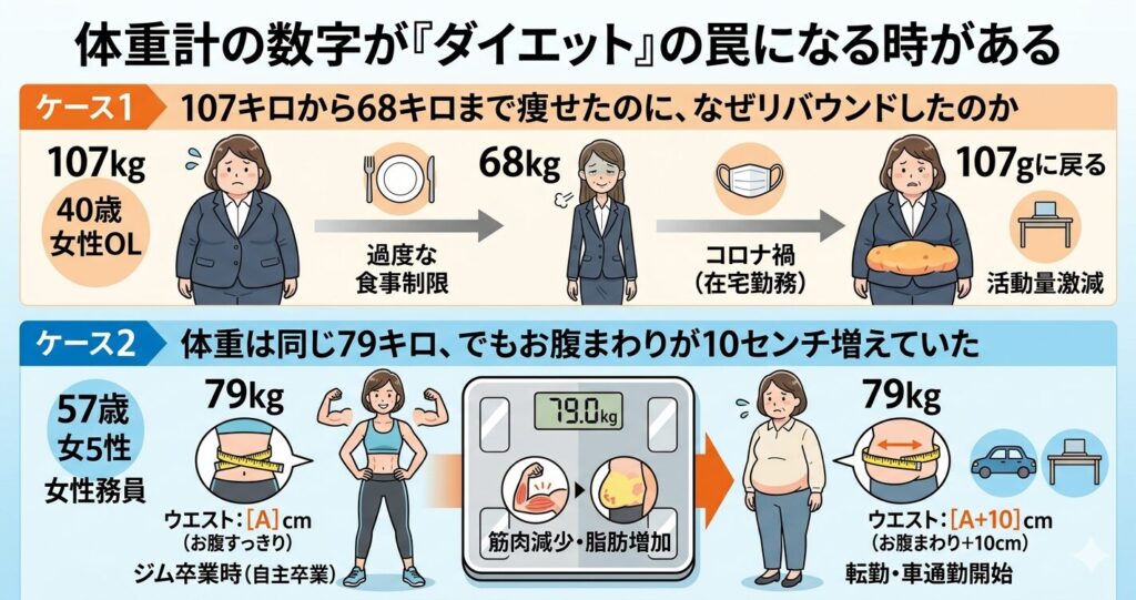 体重計の数字が「ダイエット」の罠になる。２つのケースを分かりやすく伝える画像