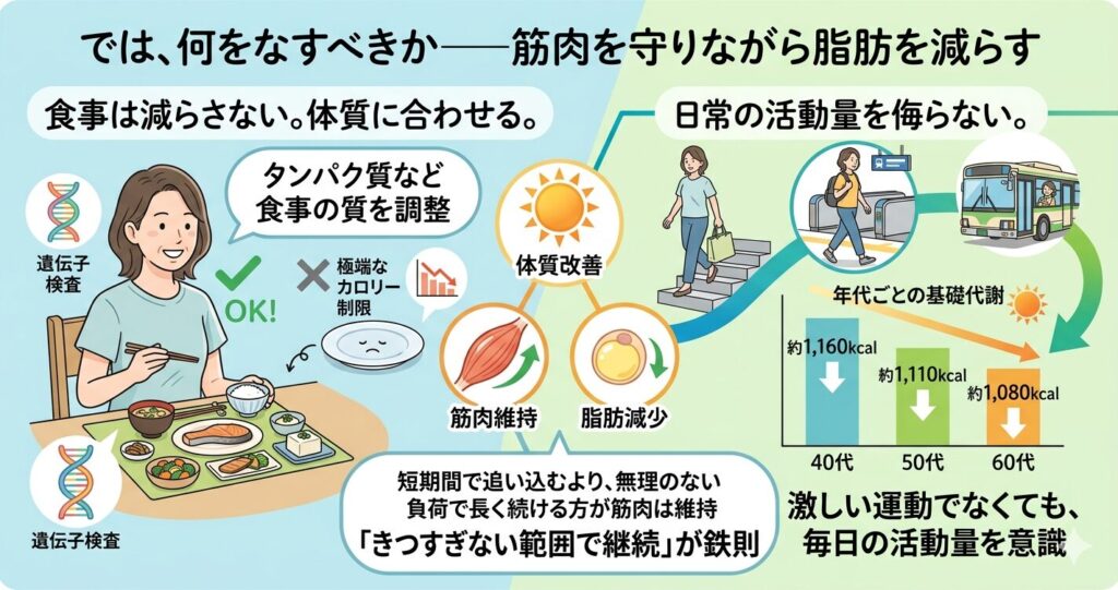 サルコペニア肥満を防ぐ食事法と日常の活動量・基礎代謝低下の解説図