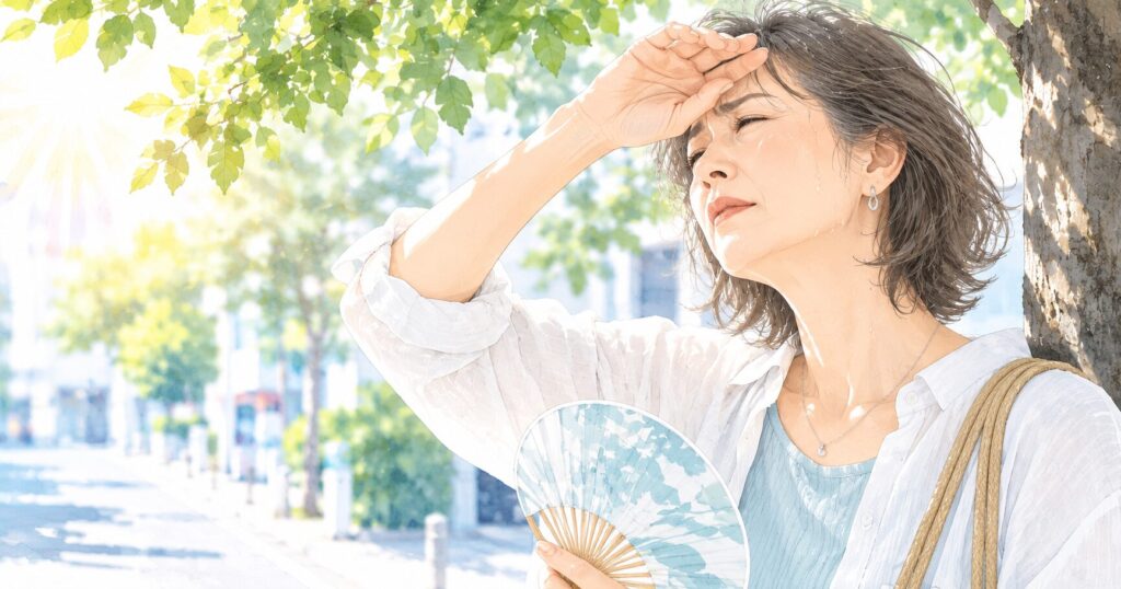 夏バテ気味の女性が日陰て休む画像