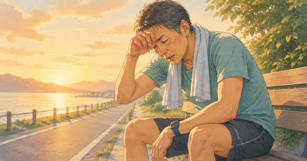 夏バテして道端で佇むランナーのイメージ画像