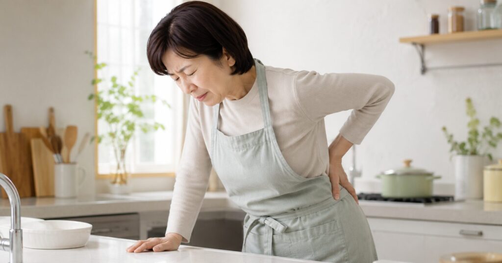 慢性腰痛の女性が腰に手を当てて痛そうにしている画像