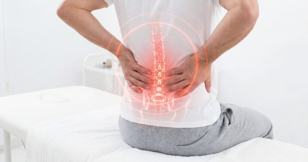 腰に炎症を持つベットに座っている男性。