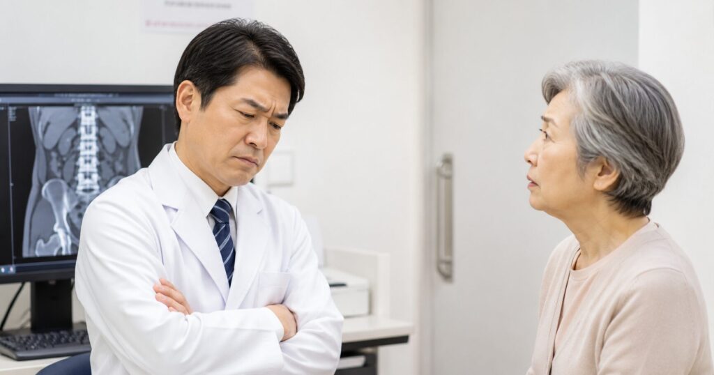 診断に悩む医師と心配そうな女性の患者の画像
