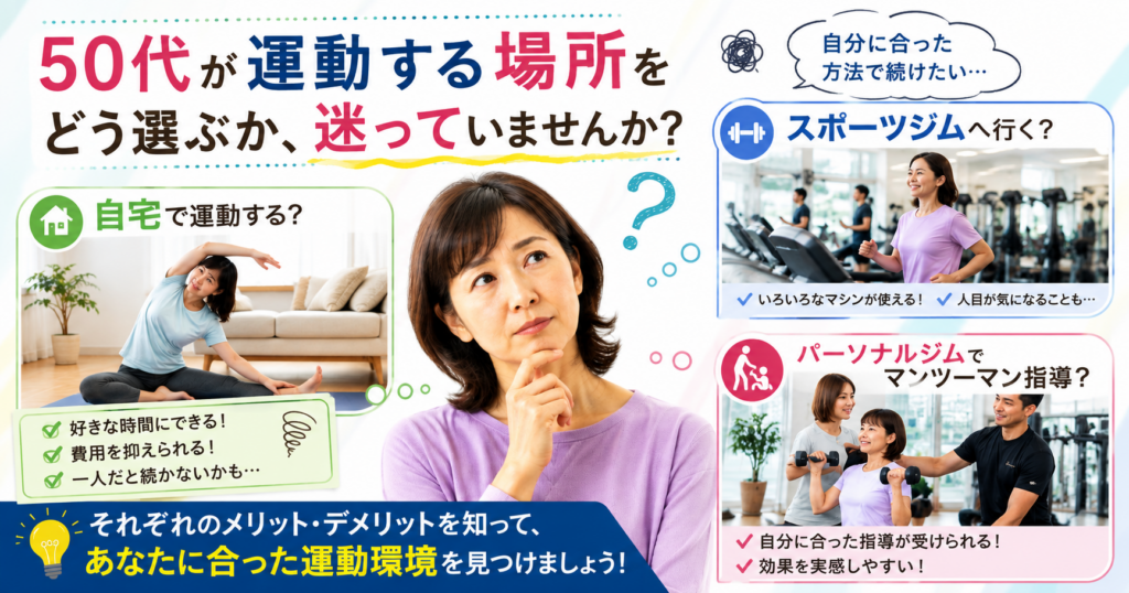 運動する環境をどれにすれば良いのか悩む50代の女性。