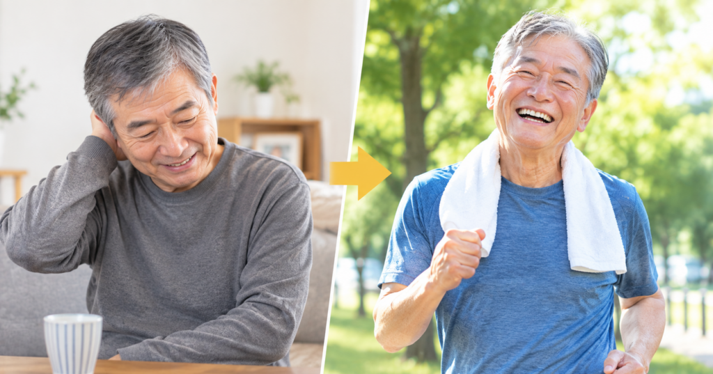 笑顔がない男性が運動することで笑顔を手に入れたイメージ画像
