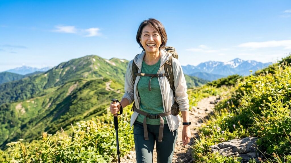豊かな自然と青空のもと、軽快な足取りで生き生き歩く女性の笑顔の姿の画像