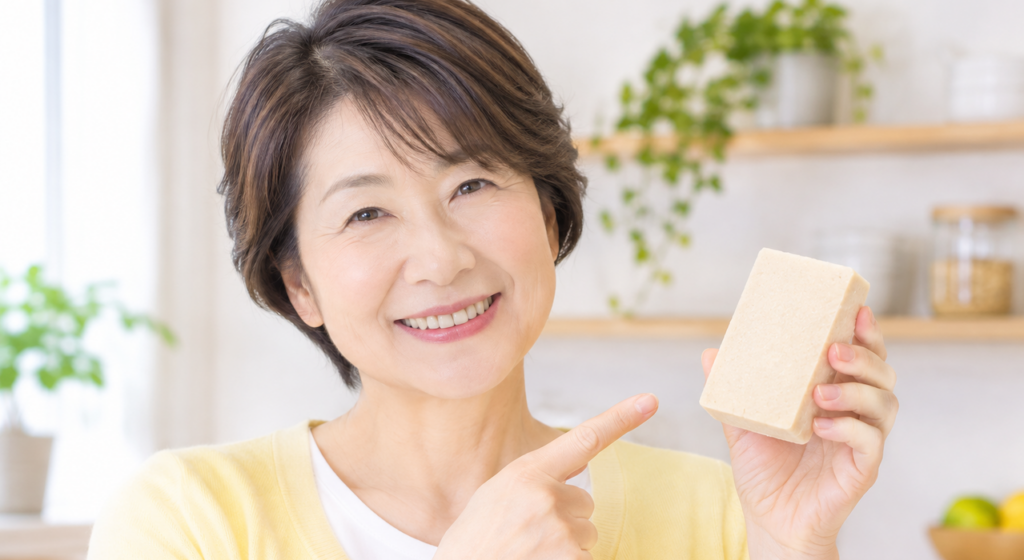 高野豆腐を手に微笑むミドル女性