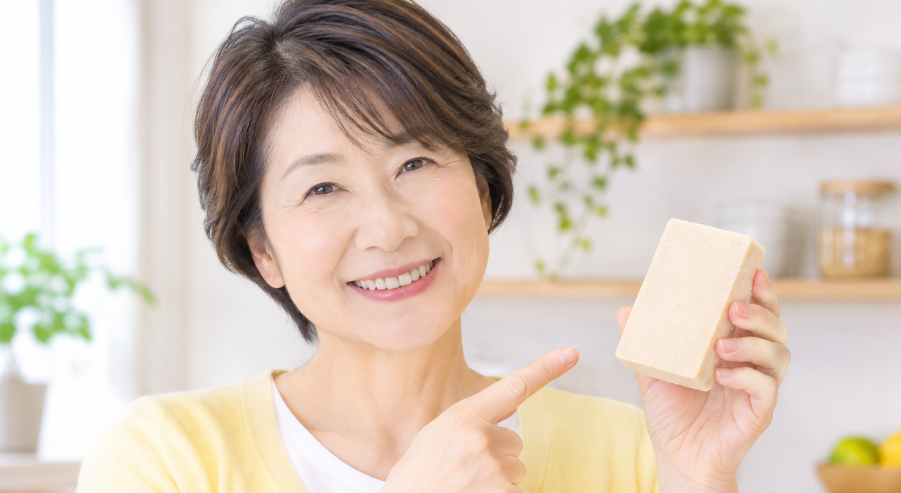 高野豆腐を手に微笑むミドル女性